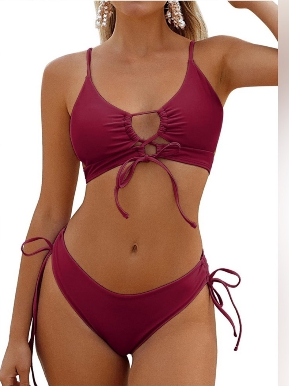 NWT ZAFUL 2 Piece Burgundy Bikini Sexy String High Cut Lace Up Back & Side Lg